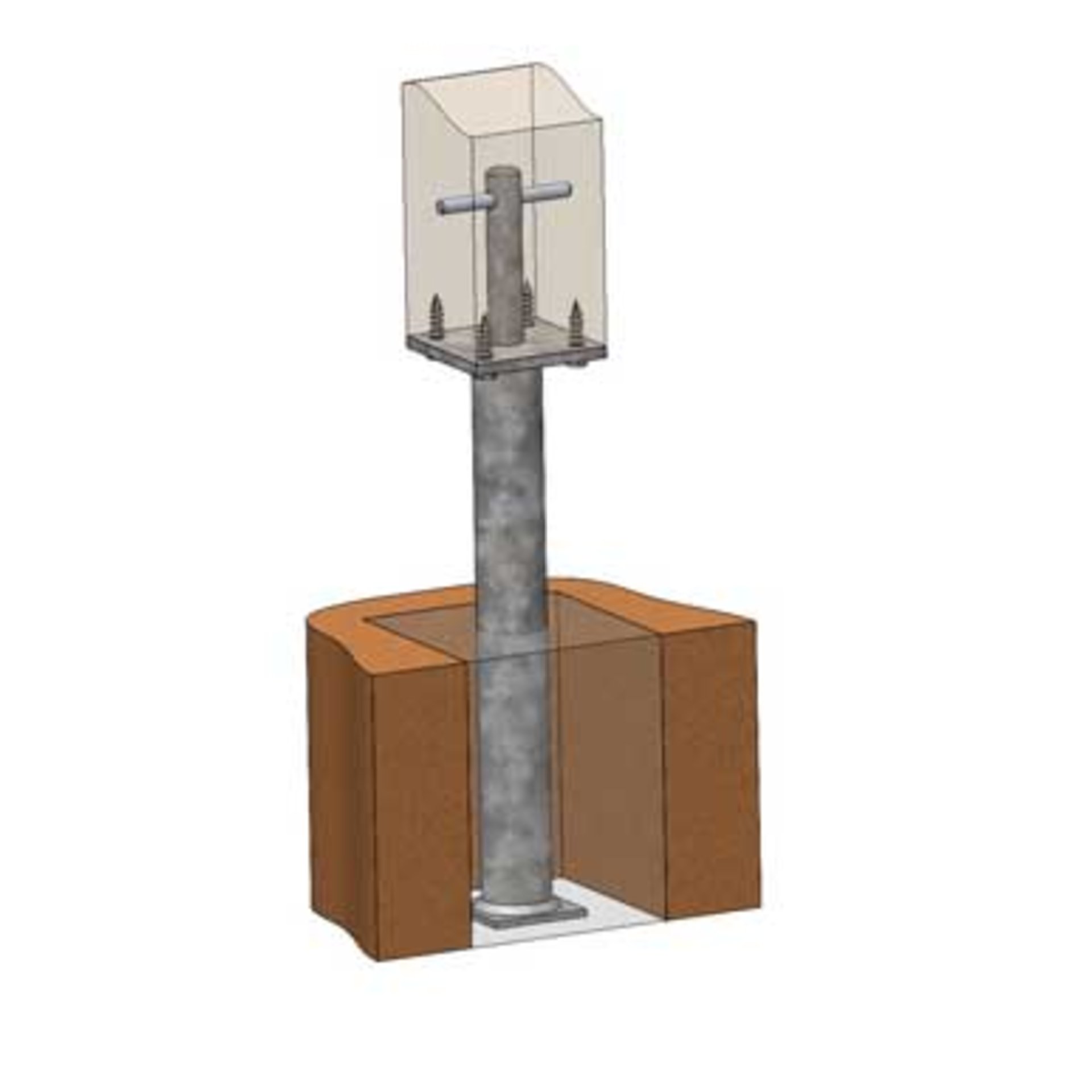 Lampe, Stahlpfosten, Glaswürfel, Lampenfassung, Unterbau