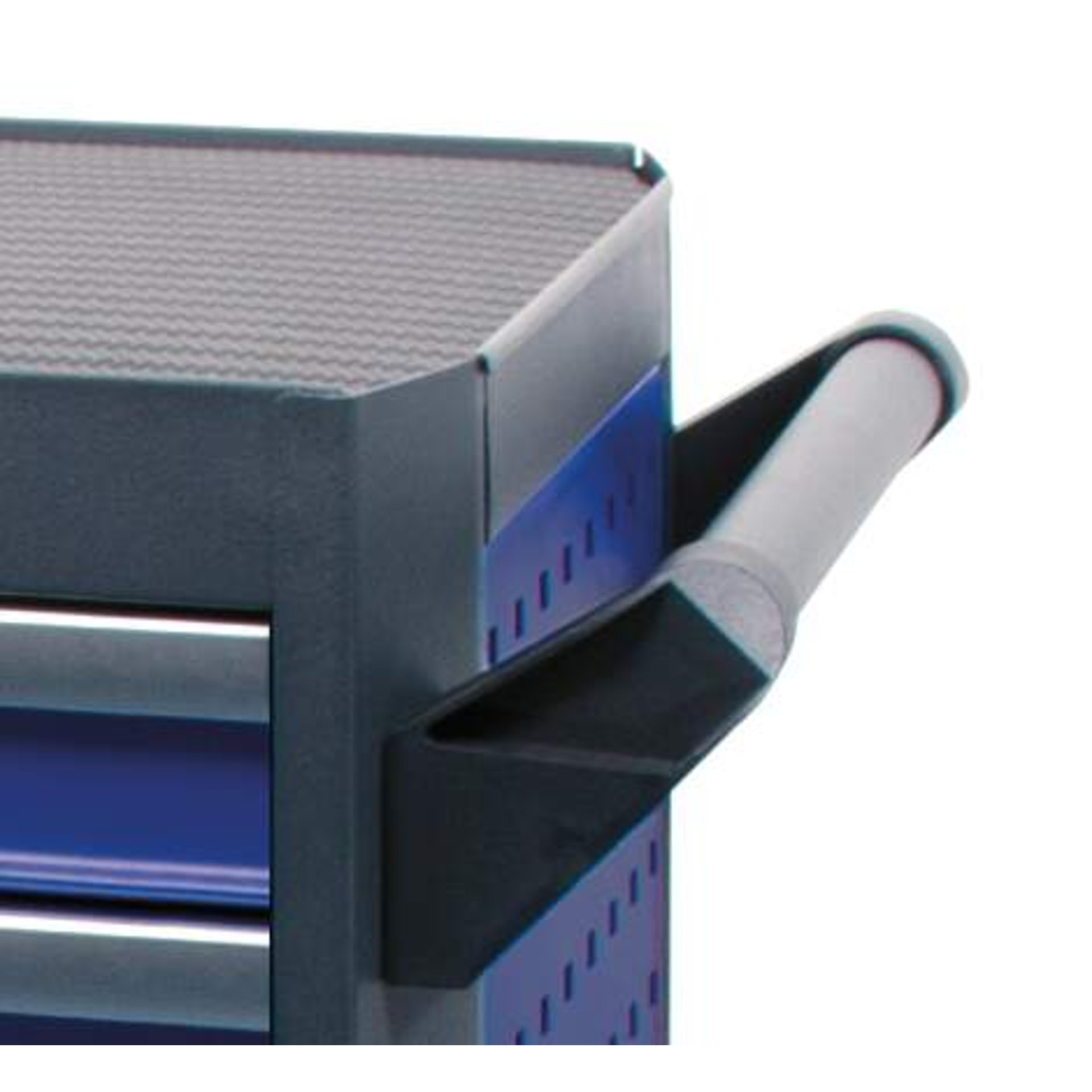 Schubladenregal, Metallregal, blaue Akzente, angerückte Ecke, Anzeigeeinheit