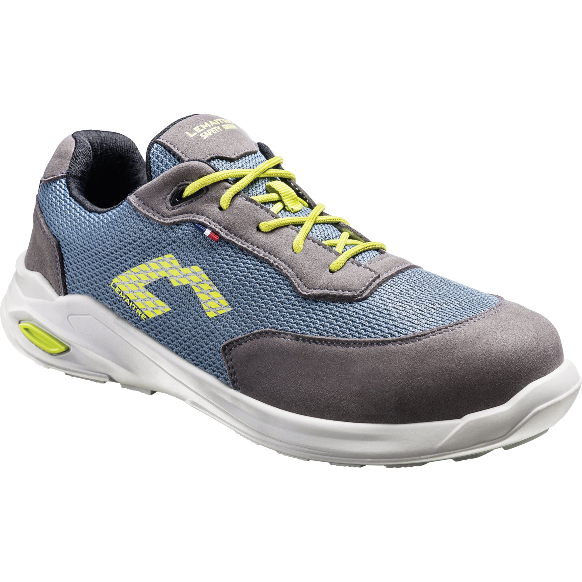 Sneaker, Mesh upper, Blue gray, Neon laces, Grey suede