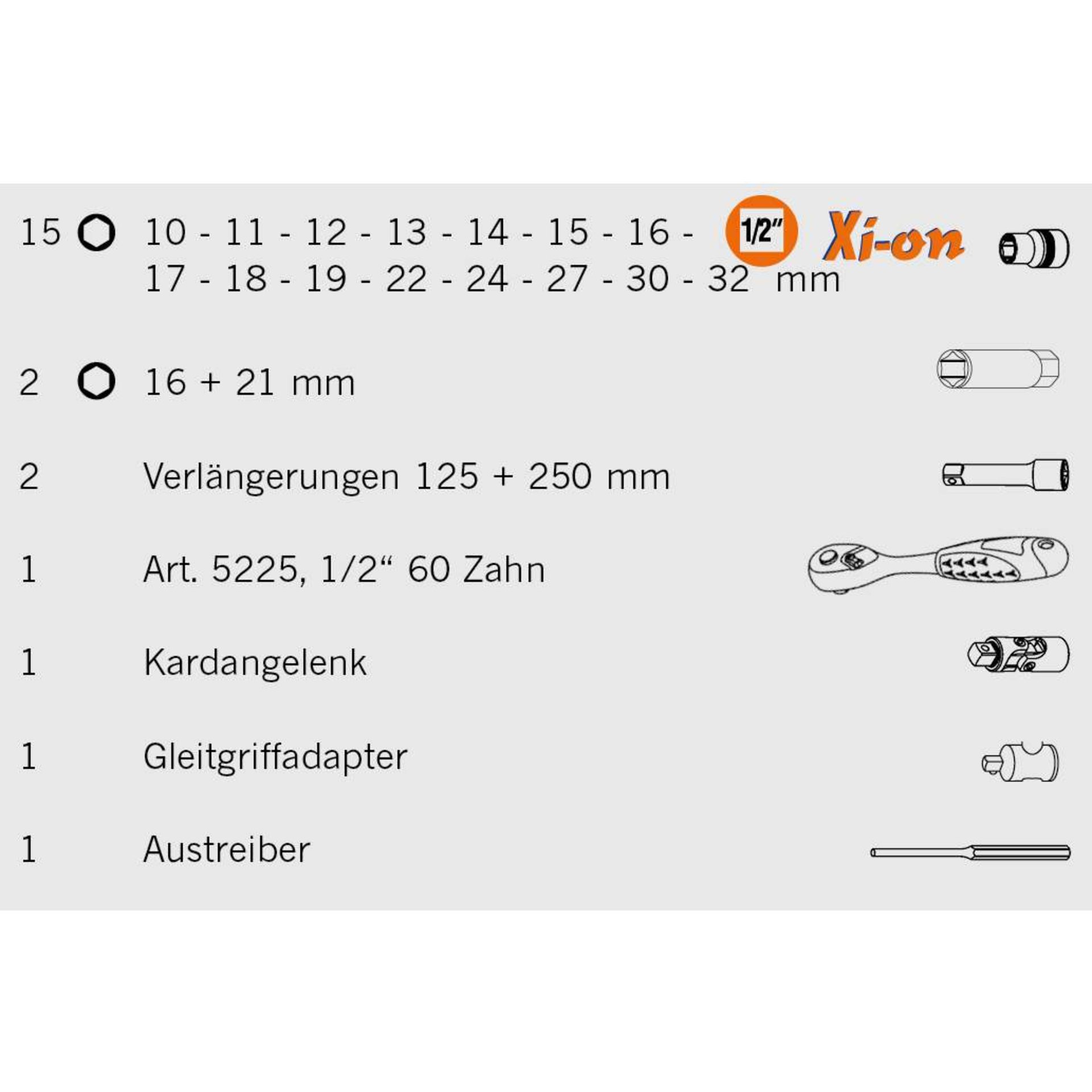 Kardangelenk, Gleitgrifadapter, Austreiber, Verlängerungen, 1/2 Zoll